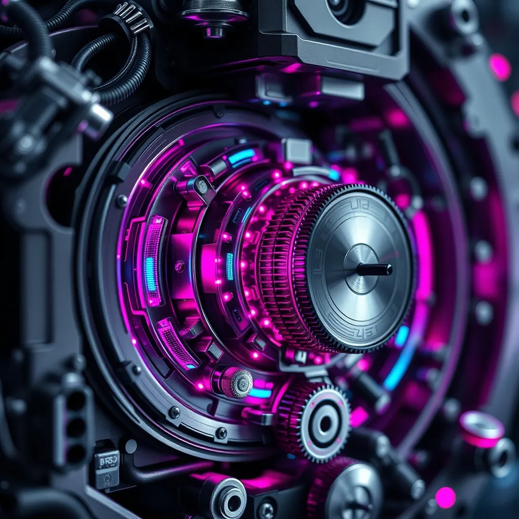 A high-tech mechanical engine with glowing magenta and cyan