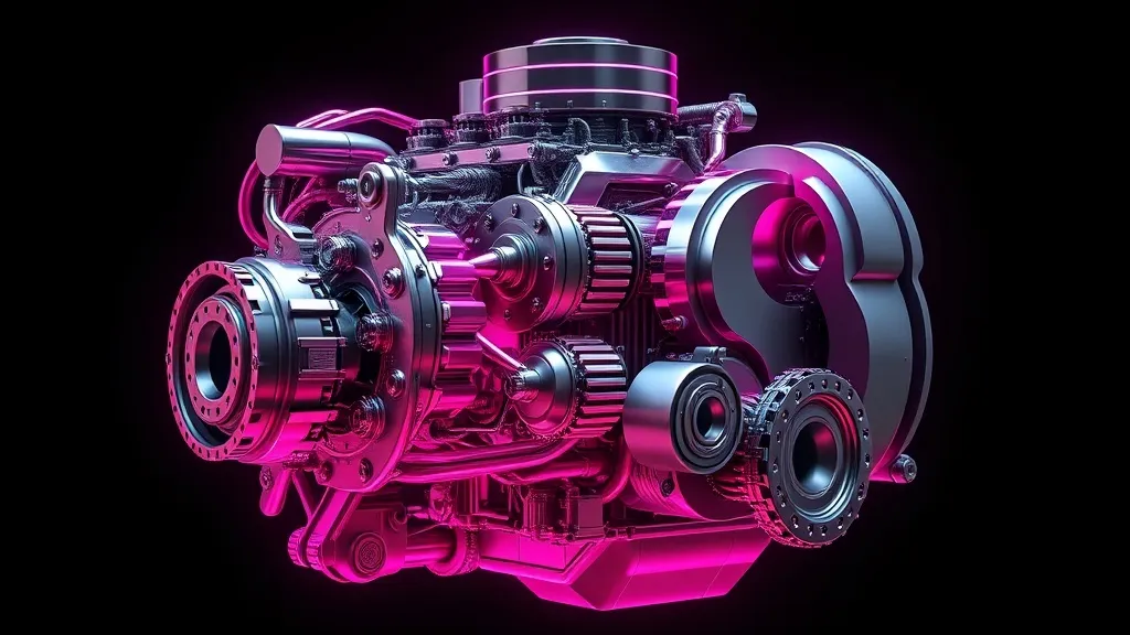 A high-tech mechanical engine made of chrome and neon magent