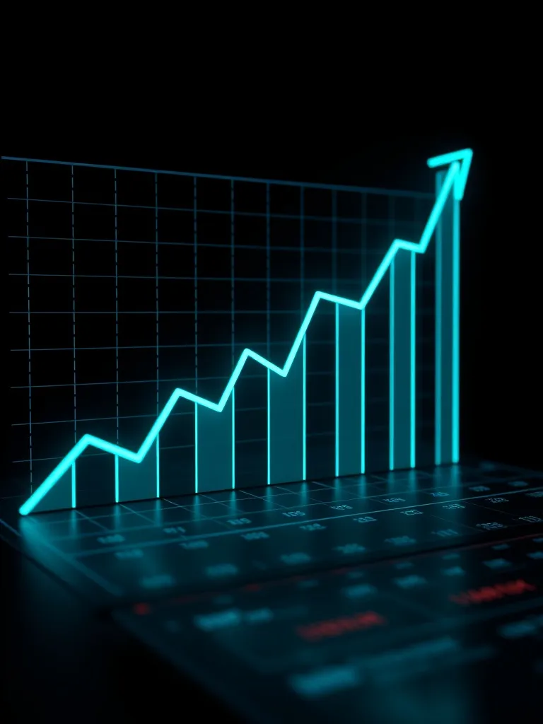 A technical 3D financial growth chart showing an exponential